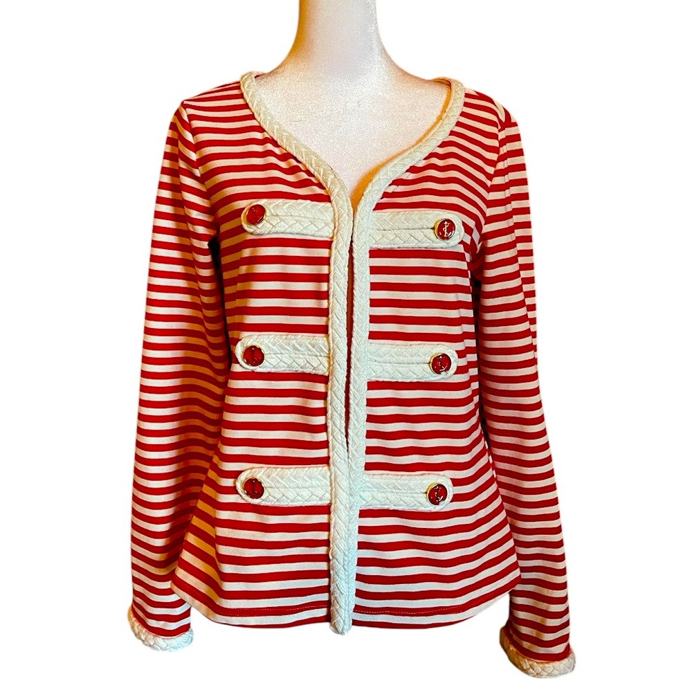 Katherine NY Nautical Stripe Cardigan Red White Anchor Buttons Braided Trim M